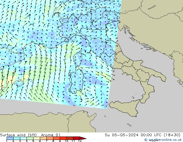  10 m (bft) Arome 01  05.05.2024 00 UTC