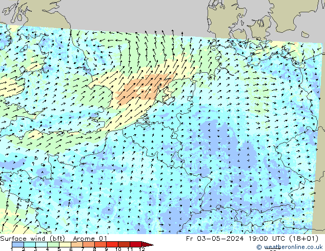 Surface wind (bft) Arome 01 Fr 03.05.2024 19 UTC