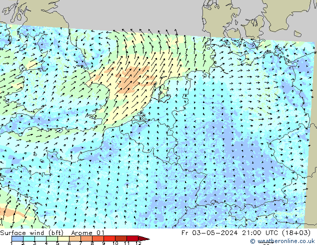 Surface wind (bft) Arome 01 Fr 03.05.2024 21 UTC