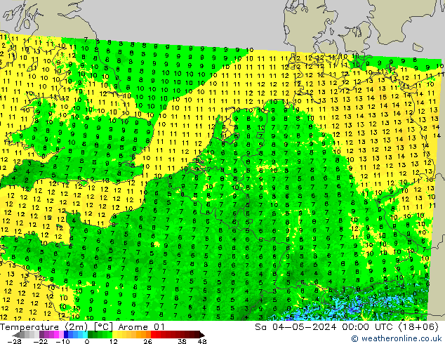 Temperaturkarte (2m) Arome 01 Sa 04.05.2024 00 UTC
