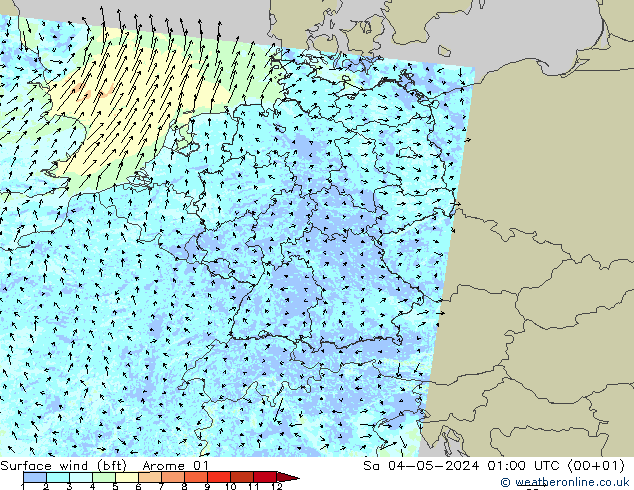 Surface wind (bft) Arome 01 Sa 04.05.2024 01 UTC