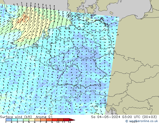 Surface wind (bft) Arome 01 Sa 04.05.2024 03 UTC