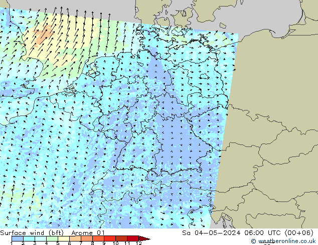 Wind 10 m (bft) Arome 01 za 04.05.2024 06 UTC