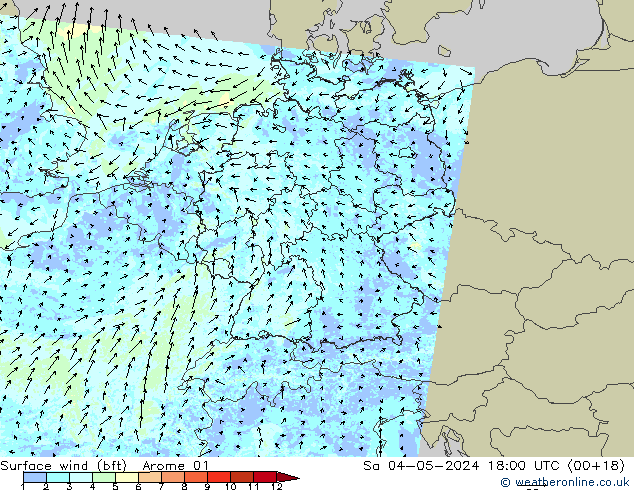 Viento 10 m (bft) Arome 01 sáb 04.05.2024 18 UTC