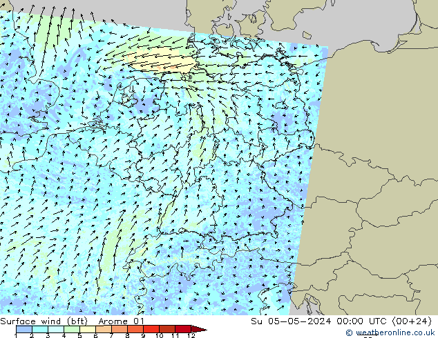 Wind 10 m (bft) Arome 01 zo 05.05.2024 00 UTC