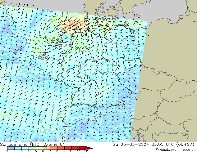 wiatr 10 m (bft) Arome 01 nie. 05.05.2024 03 UTC