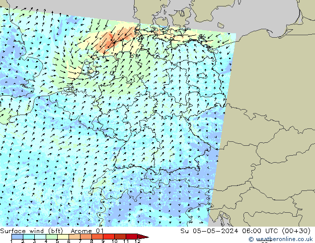 wiatr 10 m (bft) Arome 01 nie. 05.05.2024 06 UTC