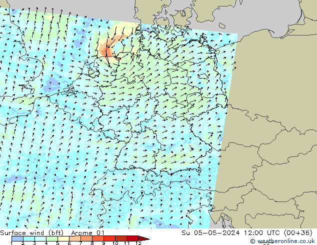 Bodenwind (bft) Arome 01 So 05.05.2024 12 UTC