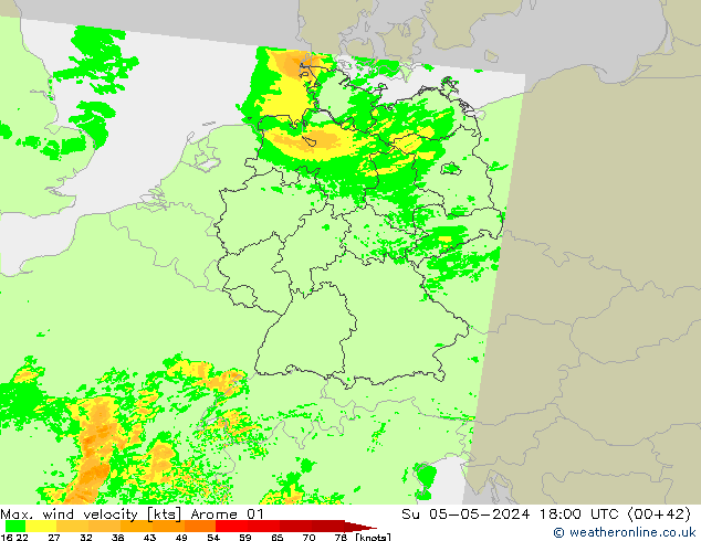 Max. wind velocity Arome 01  05.05.2024 18 UTC