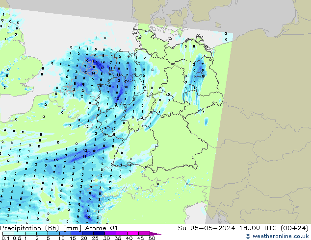 Precipitation (6h) Arome 01 Su 05.05.2024 00 UTC