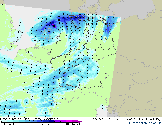 Precipitation (6h) Arome 01 Su 05.05.2024 06 UTC