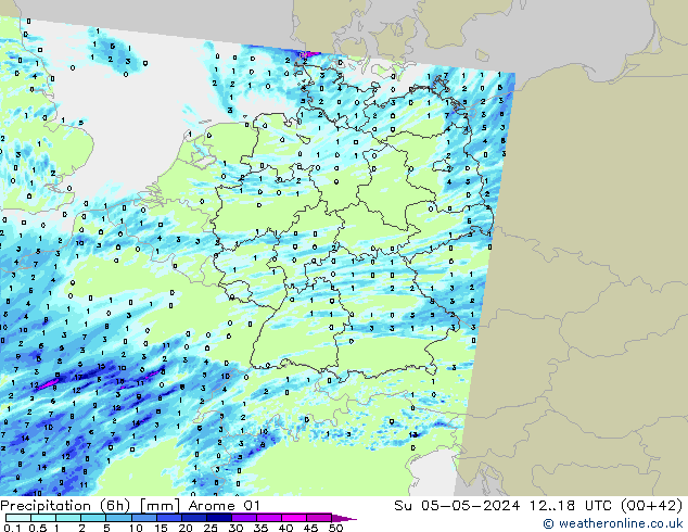 Precipitazione (6h) Arome 01 dom 05.05.2024 18 UTC