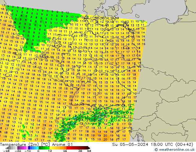 mapa temperatury (2m) Arome 01 nie. 05.05.2024 18 UTC