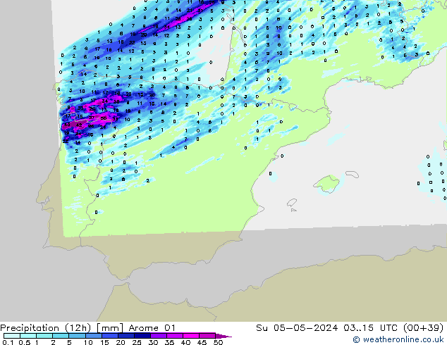 Yağış (12h) Arome 01 Paz 05.05.2024 15 UTC