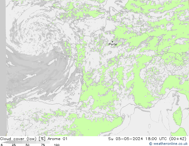 Cloud cover (low) Arome 01 Su 05.05.2024 18 UTC