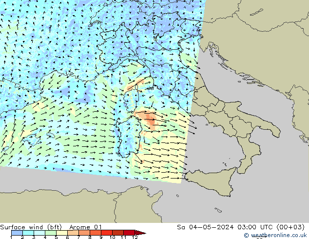 Rüzgar 10 m (bft) Arome 01 Cts 04.05.2024 03 UTC