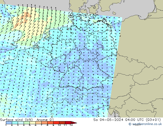 wiatr 10 m (bft) Arome 01 so. 04.05.2024 04 UTC