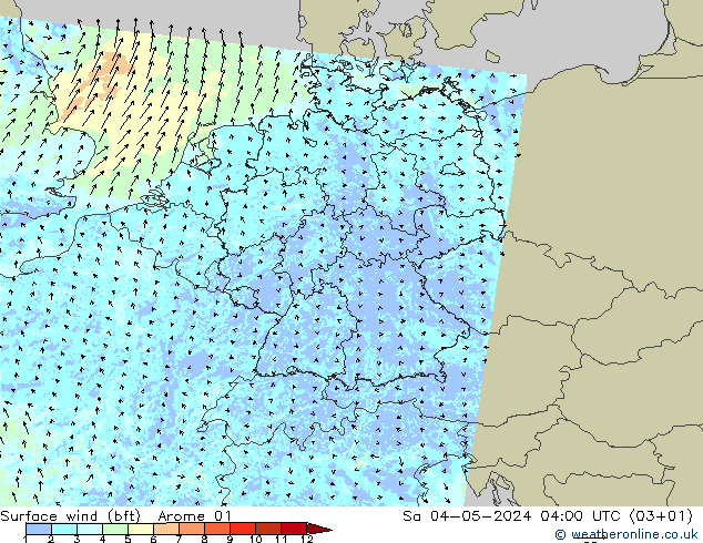 �N 10 米 (bft) Arome 01 星期六 04.05.2024 04 UTC