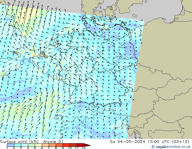 Wind 10 m (bft) Arome 01 za 04.05.2024 15 UTC
