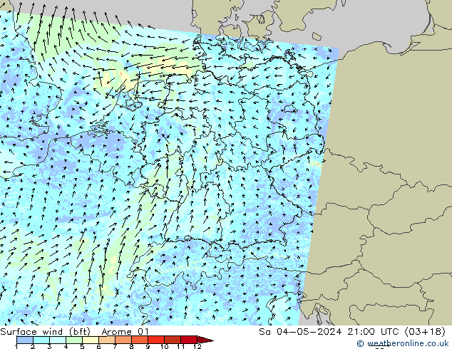 wiatr 10 m (bft) Arome 01 so. 04.05.2024 21 UTC