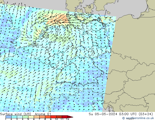  10 m (bft) Arome 01  05.05.2024 03 UTC