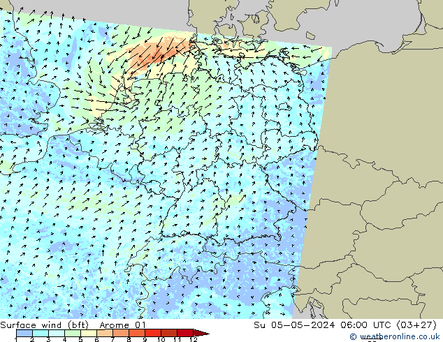 wiatr 10 m (bft) Arome 01 nie. 05.05.2024 06 UTC