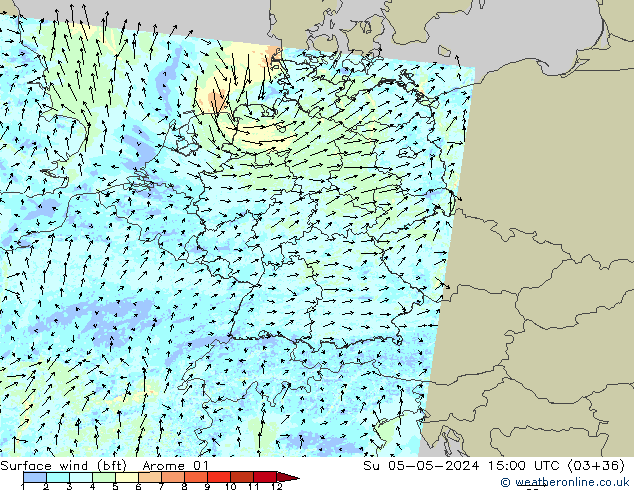 Wind 10 m (bft) Arome 01 zo 05.05.2024 15 UTC