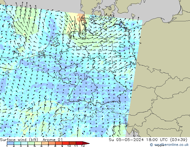 Wind 10 m (bft) Arome 01 zo 05.05.2024 18 UTC