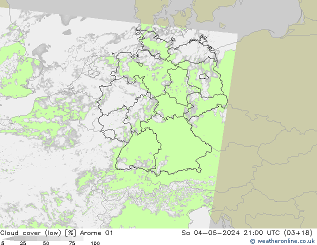 Bewolking (Laag) Arome 01 za 04.05.2024 21 UTC
