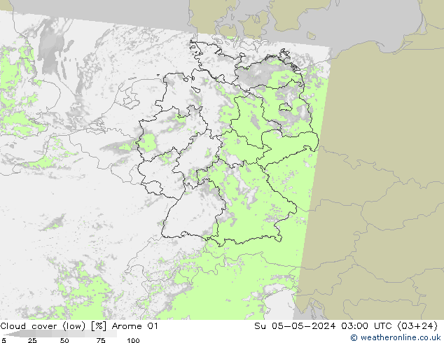 Bewolking (Laag) Arome 01 zo 05.05.2024 03 UTC