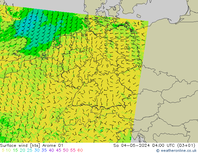 风 10 米 Arome 01 星期六 04.05.2024 04 UTC