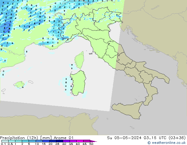 Totale neerslag (12h) Arome 01 zo 05.05.2024 15 UTC