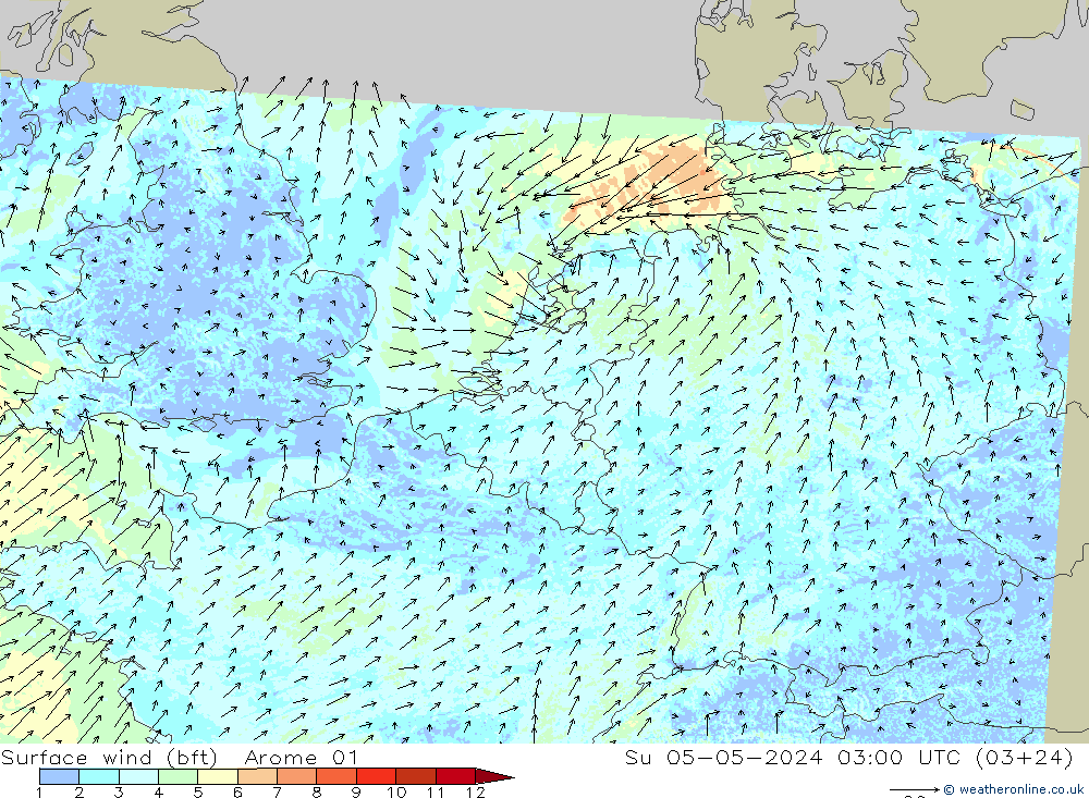 Surface wind (bft) Arome 01 Su 05.05.2024 03 UTC