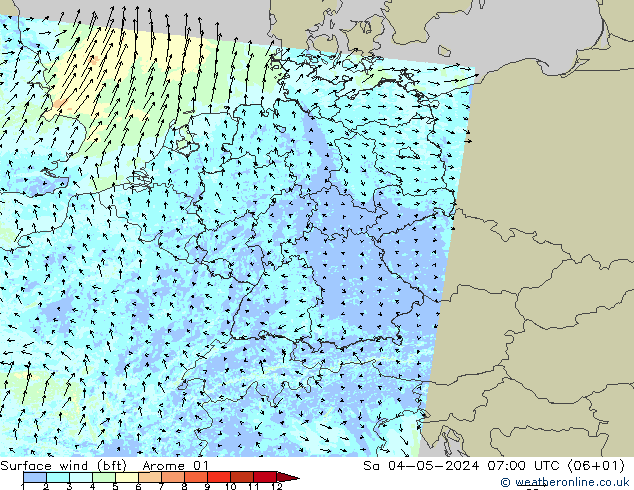 �N 10 米 (bft) Arome 01 星期六 04.05.2024 07 UTC