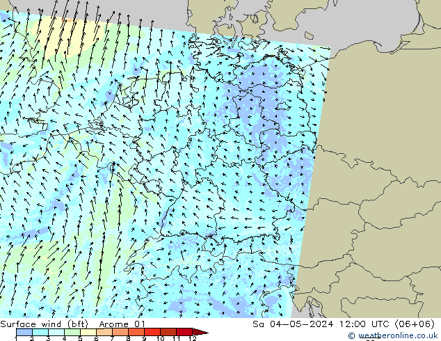 Bodenwind (bft) Arome 01 Sa 04.05.2024 12 UTC