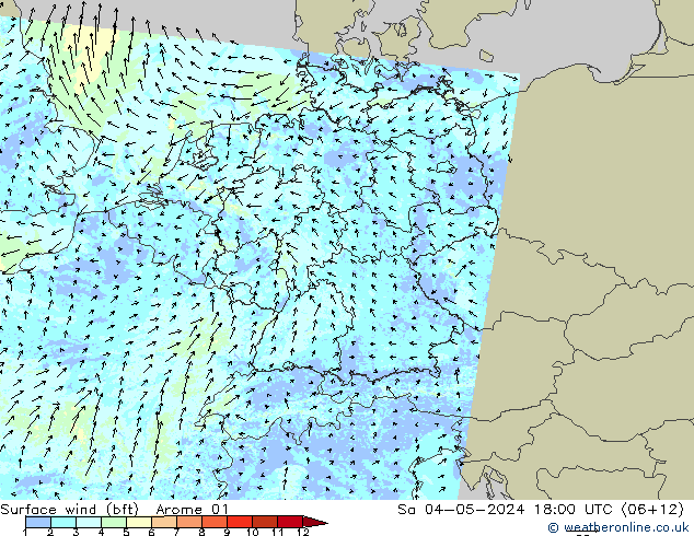 Wind 10 m (bft) Arome 01 za 04.05.2024 18 UTC