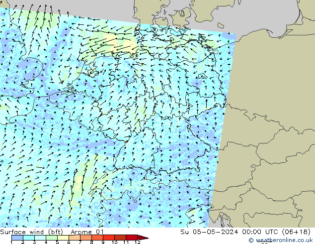 wiatr 10 m (bft) Arome 01 nie. 05.05.2024 00 UTC