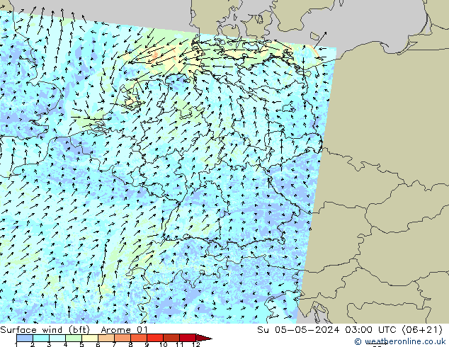 Wind 10 m (bft) Arome 01 zo 05.05.2024 03 UTC
