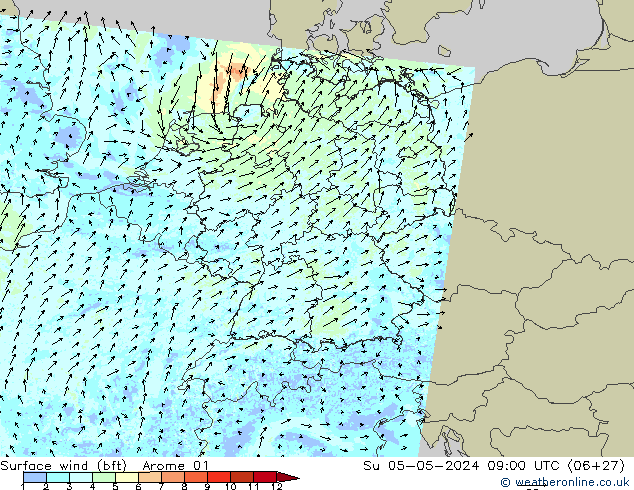 Rüzgar 10 m (bft) Arome 01 Paz 05.05.2024 09 UTC