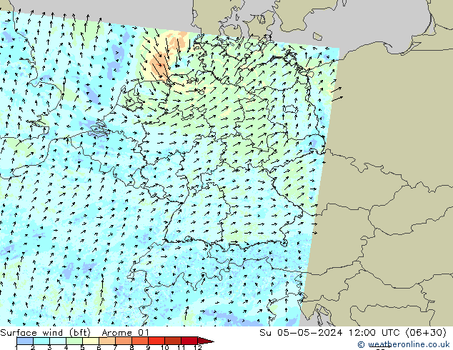 Wind 10 m (bft) Arome 01 zo 05.05.2024 12 UTC