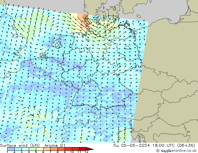 wiatr 10 m (bft) Arome 01 nie. 05.05.2024 18 UTC
