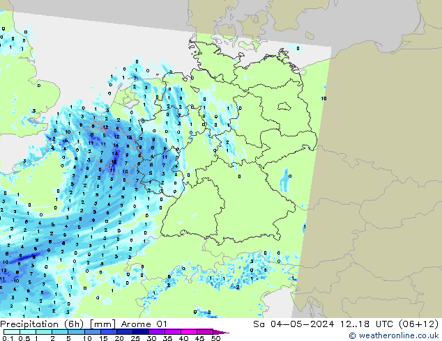 Precipitação (6h) Arome 01 Sáb 04.05.2024 18 UTC