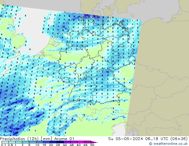 Precipitation (12h) Arome 01 Su 05.05.2024 18 UTC