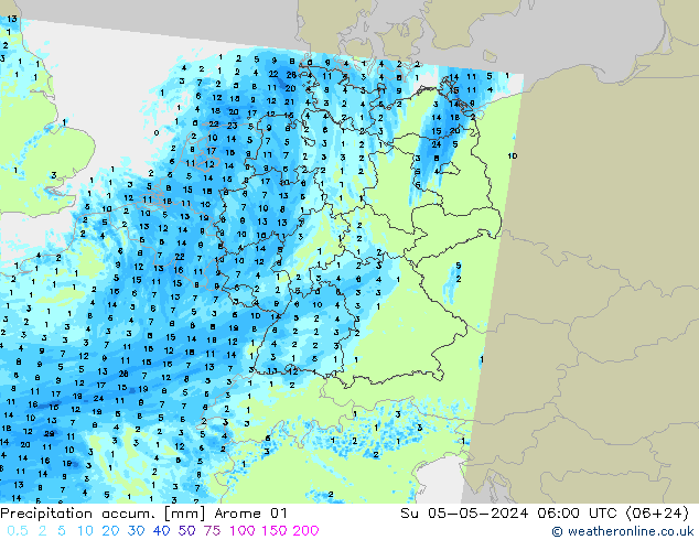 Precipitation accum. Arome 01 星期日 05.05.2024 06 UTC