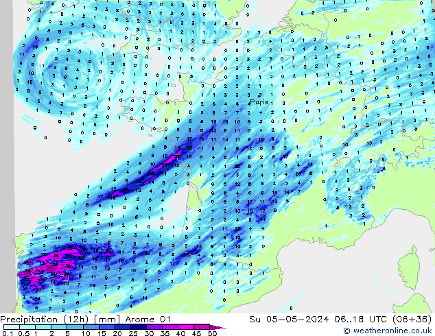 Precipitation (12h) Arome 01 Su 05.05.2024 18 UTC