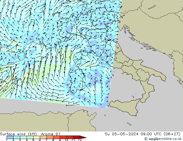 Wind 10 m (bft) Arome 01 zo 05.05.2024 09 UTC