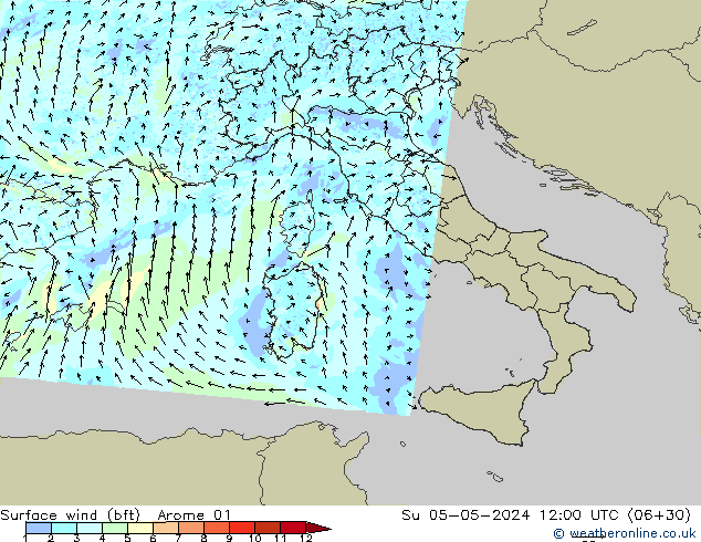 wiatr 10 m (bft) Arome 01 nie. 05.05.2024 12 UTC