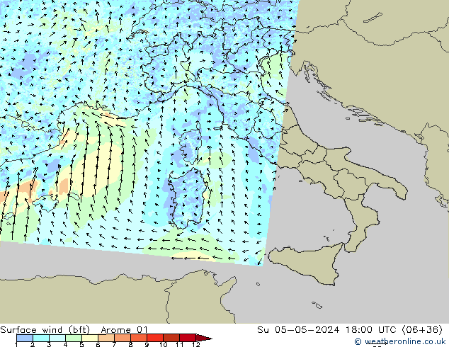 Surface wind (bft) Arome 01 Su 05.05.2024 18 UTC