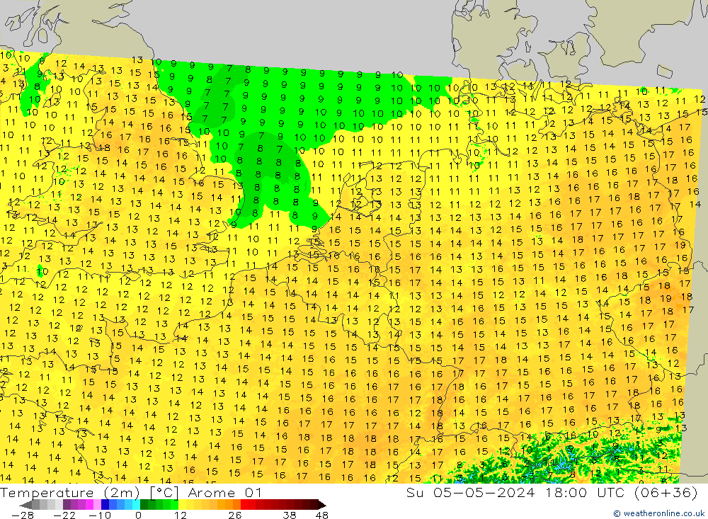 карта температуры Arome 01 Вс 05.05.2024 18 UTC
