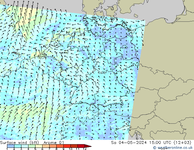 Viento 10 m (bft) Arome 01 sáb 04.05.2024 15 UTC